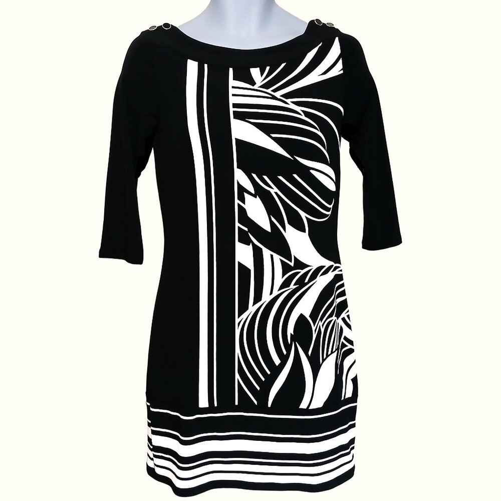 White House Black Market Women's Graphic Round Neck 3/4 Sleeve Shift Dress sz XS